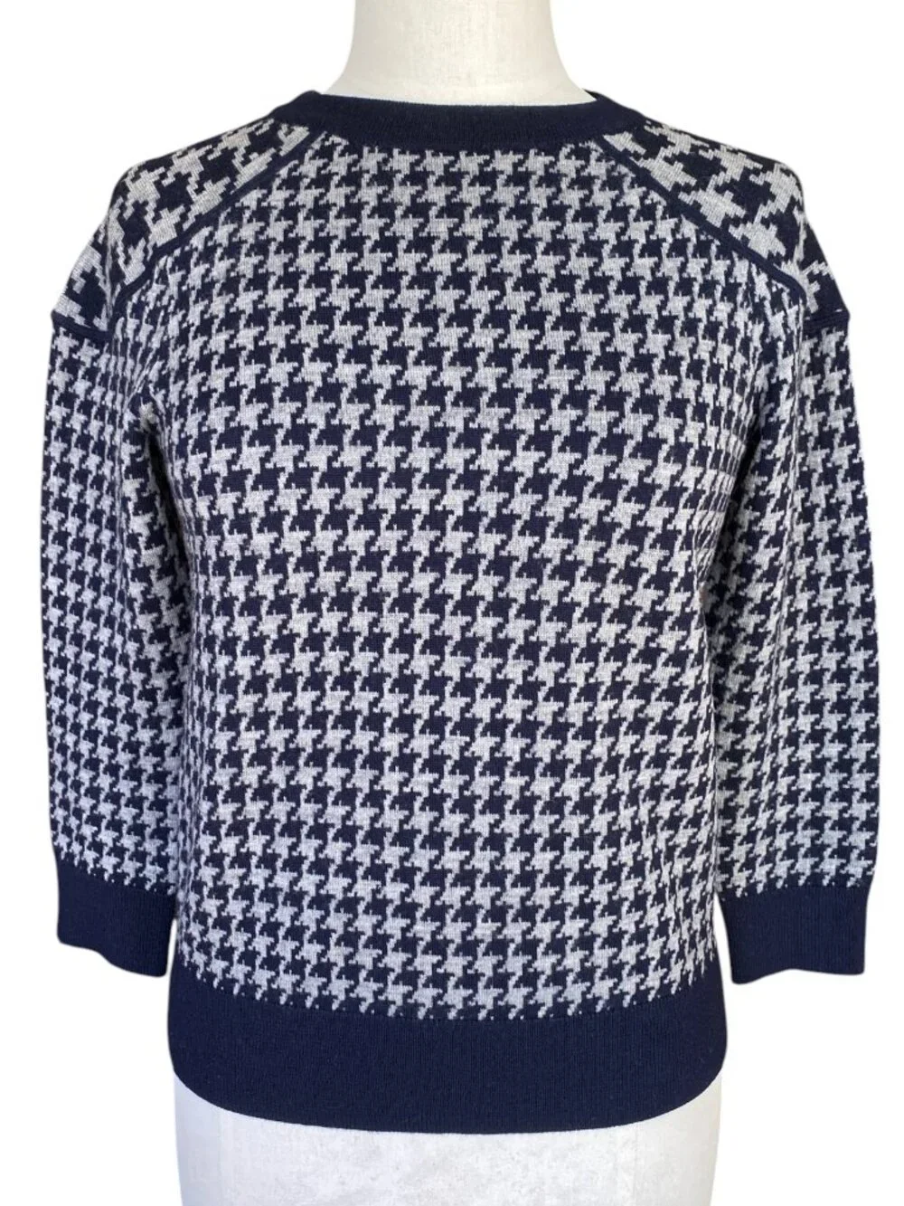 J Crew Houndstooth 100% Merino Wool Sweater Navy Gray Academia Old Money Prep-S